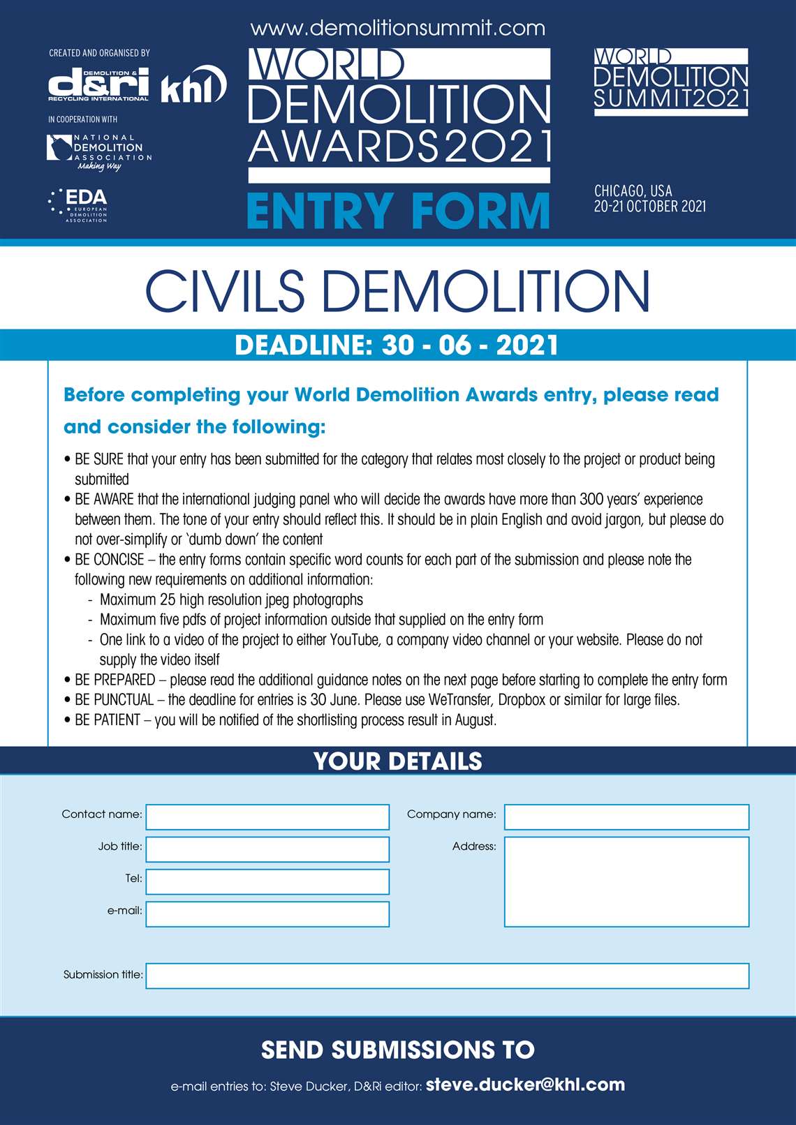 KHL World Demolition Awards entry form Civils Demolition