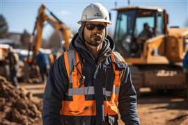 Portrait of construction worker with safety gear walking across site outdoors