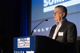 Mark Loizeaux, President at Controlled Demolition Inc, speaking a the 2023 World Demolition Summit.