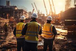 A group of civil engineers, dressed in safety vests and helmets, stands on a road construction site