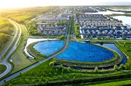 Aerial shot of a modern sustainable neighbourhood in Almere, The Netherlands