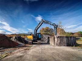 A Hyundai excavator with a new HRB Series hydraulic hammer