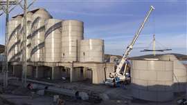 The six giant silos on top of the concrete slab