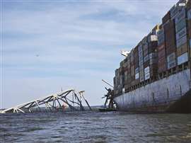 After the blast: The separation after the shot freed the M/V Dali from the truss.