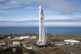 A SpaceX Falcon 9 vertical rocket at Vandenberg Air Force Base