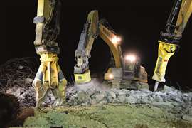An Epiroc breaker, cutter, and magnet on excavators (Image: Epiroc)