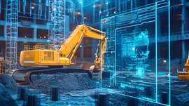 Sitio de construcción autónomo impulsado por IA con planos digitales y maquinaria inteligente