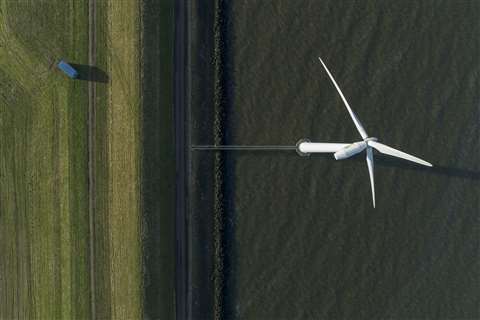 birds-eye-view of a wind turbine at Irene Vorrink Wind Farm