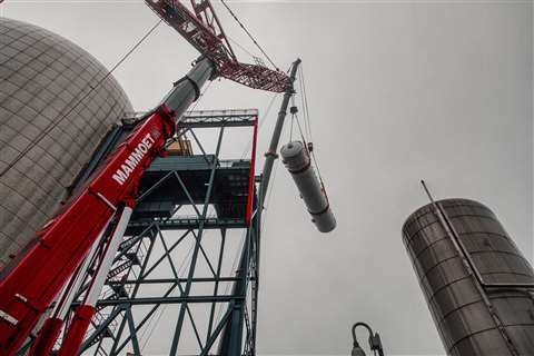 red crane against greay sky