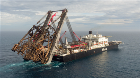 Pioneering Spirit transporting the decommissioned 11,000-tonne jacket from Repsol Norge’s Gyda platform.