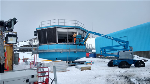The Discovery Building's control tower was trial assembled before being shipped to Antarctica