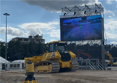 A Komatsu dozer demonstrates collision avoidance technology at Samoter 2023 in Verona, Italy