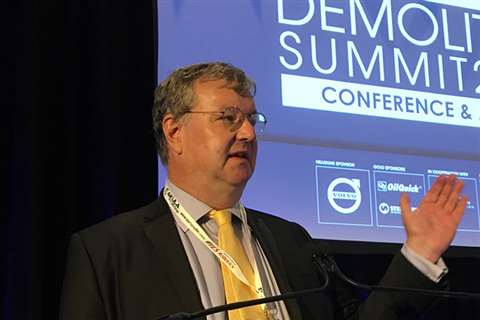 Steve Ducker, editor of Demolition & Recycling International magazine opening the 2019 World Demolition Summit in Boston, USA