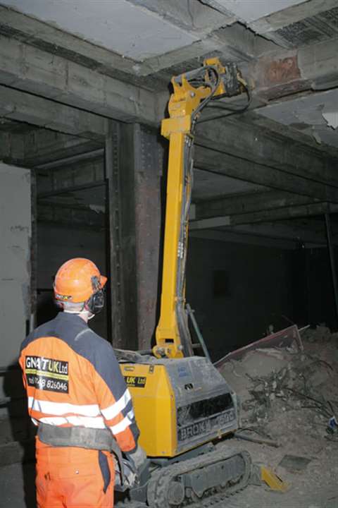 The boom extension supplied by Gnat allows the Brokk 150 to reach higher and the higher-powered brea