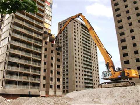 The three tower blocks at Broomloan Court in Glasgow will fall to Coleman's 65 m high reach